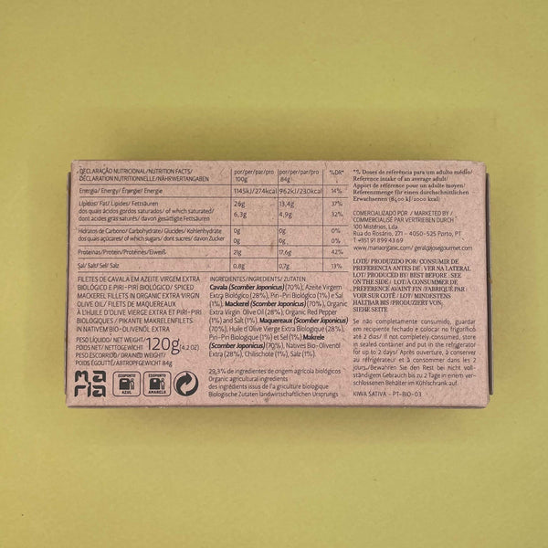 Nutritional Information for Maria Organic Spiced Mackerel Fillets in Organic EVOO