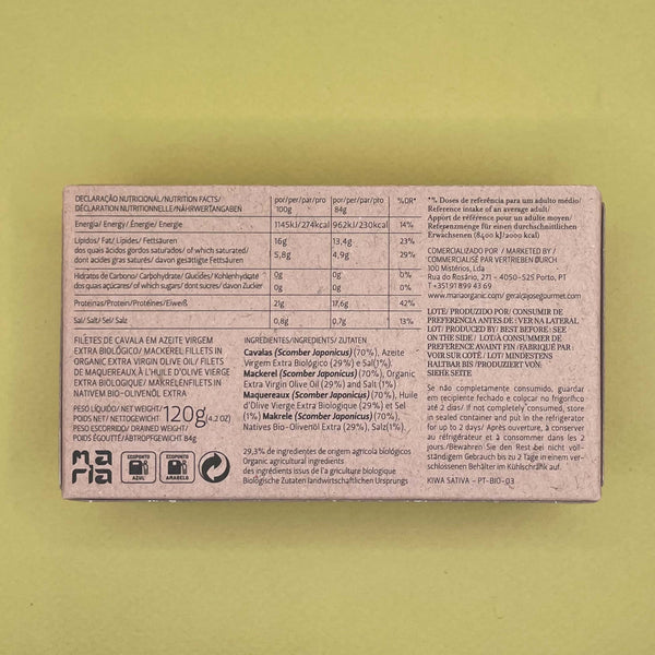 Nutritional Information for Maria Organic Mackerel Fillets in Organic EVOO