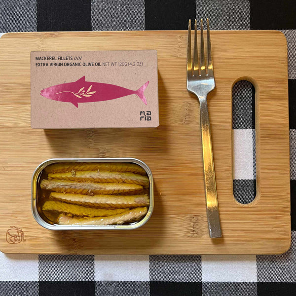 Maria Organic Mackerel Fillets in Organic EVOO served in an opened tin
