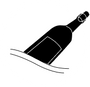 A black and white graphic of a corked bottle at sea