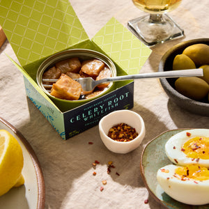 An opened tin of Seed to Surf Celery Root Whitefish