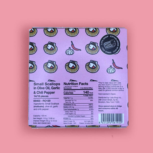 Nutritional Information for Lata Small Scallops in Olive Oil, Garlic and Chili Pepper