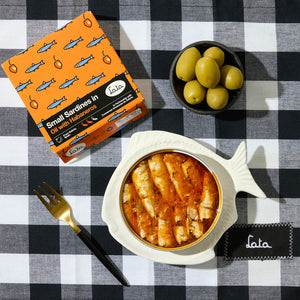 An opened tin of Lata Small Sardines in Oil with Habaneros