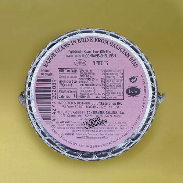 Nutritional Information for Rosa Lafuente Razor Clams in Brine (111gr)