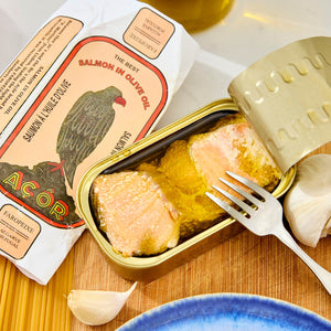 An opened tin of Açor Salmon in Olive Oil