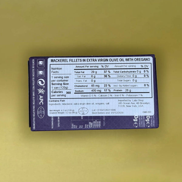 Nutritional Information for Manná Mackerel Fillets with Oregano in EVOO