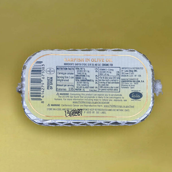 Nutritional Information for Paco Lafuente Garfish in Olive Oil