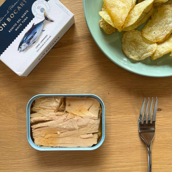 Don Bocarte White Tuna Bonito in Olive Oil served in an opened can