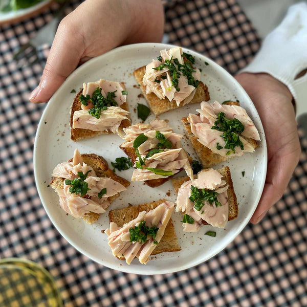 Don Bocarte White Tuna Bonito in Olive Oil - served on bread with herbs