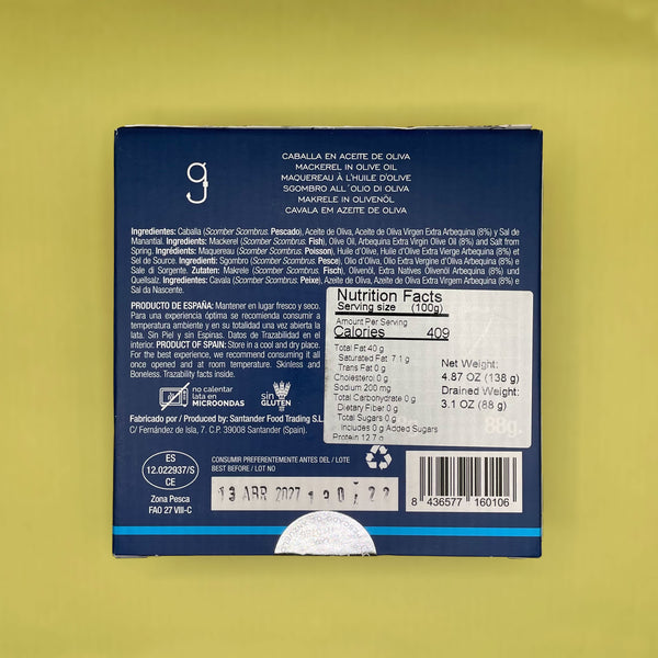 Nutritional Information for Artesanos Alalunga Mackerel in Olive Oil
