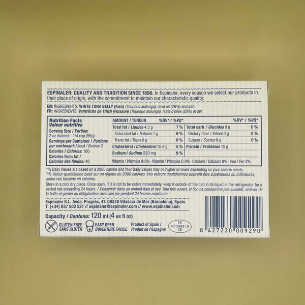 Nutritional Information for Espinaler Premium White Tuna Belly