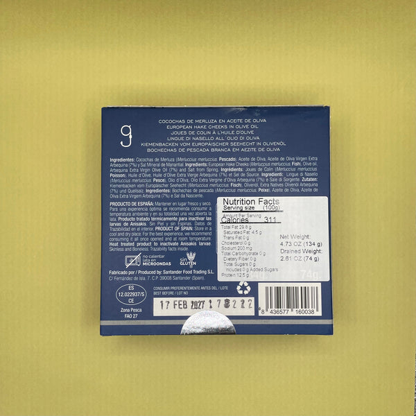 Nutritional Information for Artesanos Alalunga European Hake Cheeks (Cocochas de Merluza) in Olive Oil