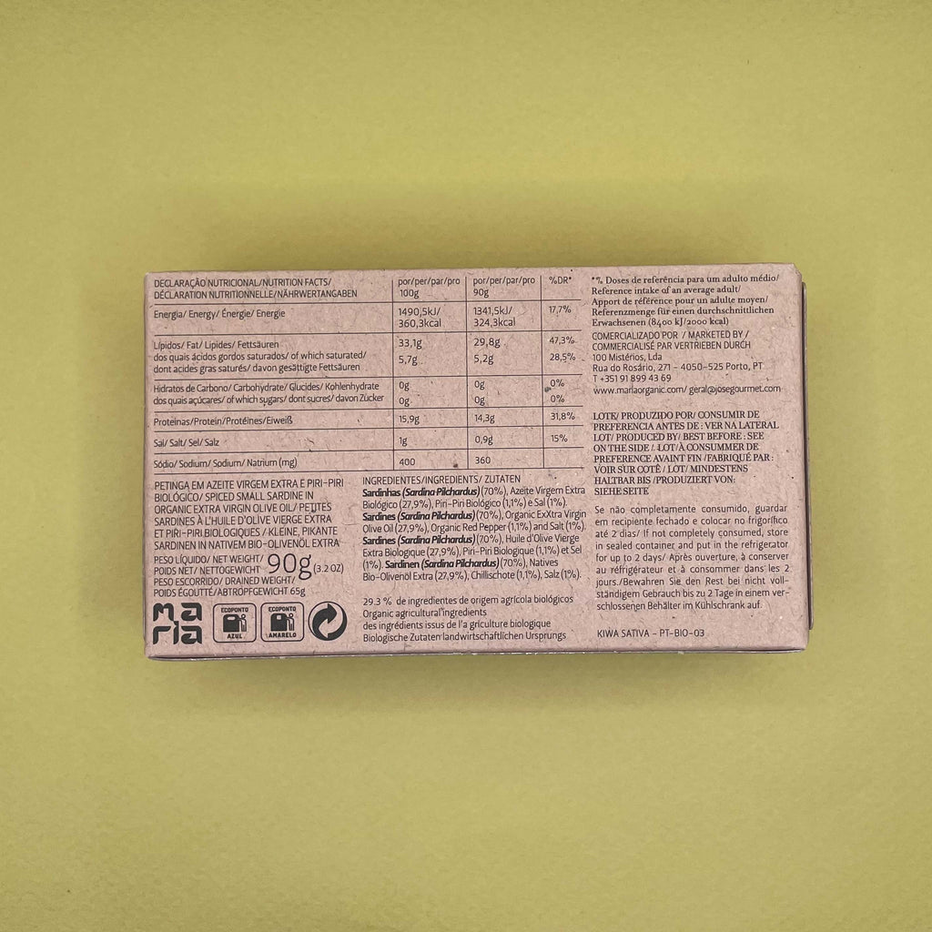 Nutritional Information for  Maria Organic Spiced Small Sardines in Extra Virgin Organic Olive Oil