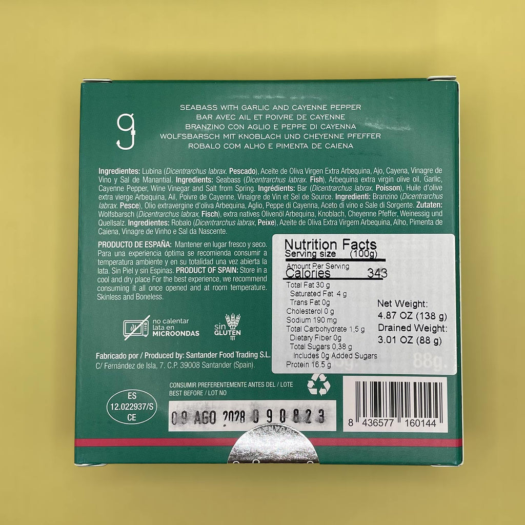 Nutritional Information for Artesanos Alalunga Seabass with Garlic and Cayenne Pepper (a la Bilbaina)