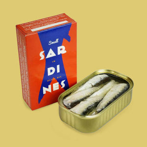 La Narval Small Sardines In Olive Oil - The packaging (angled) and an opened tin