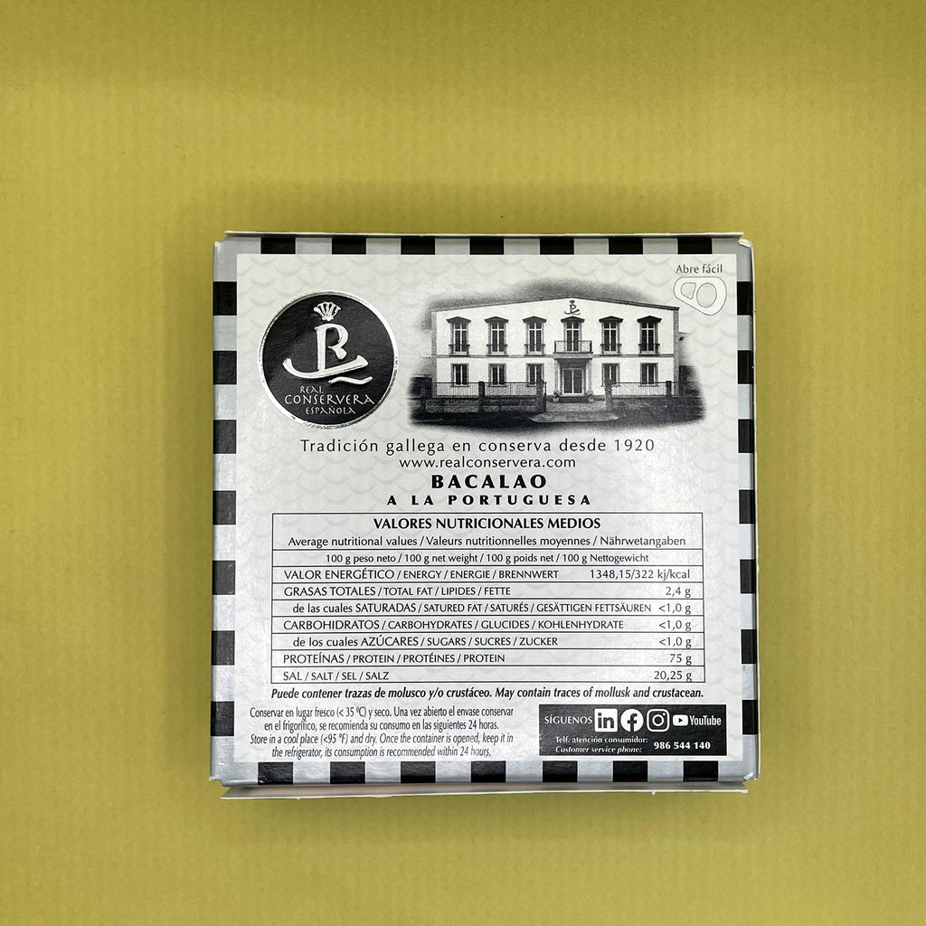 Nutritional information for the Real Conservera Española Portuguese Style Cod