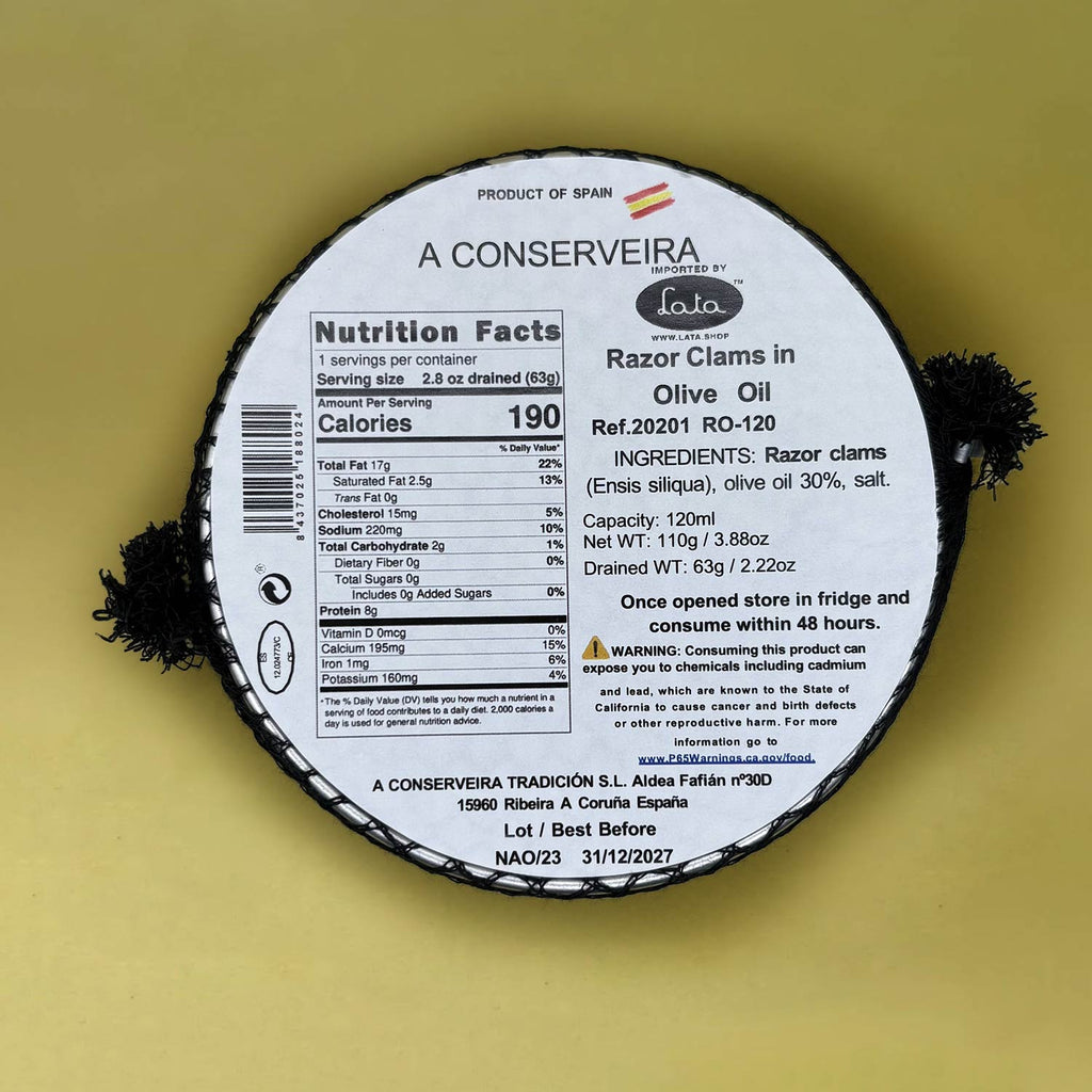 Nutritional Information for A Conserveira Razor Clams in Olive Oil