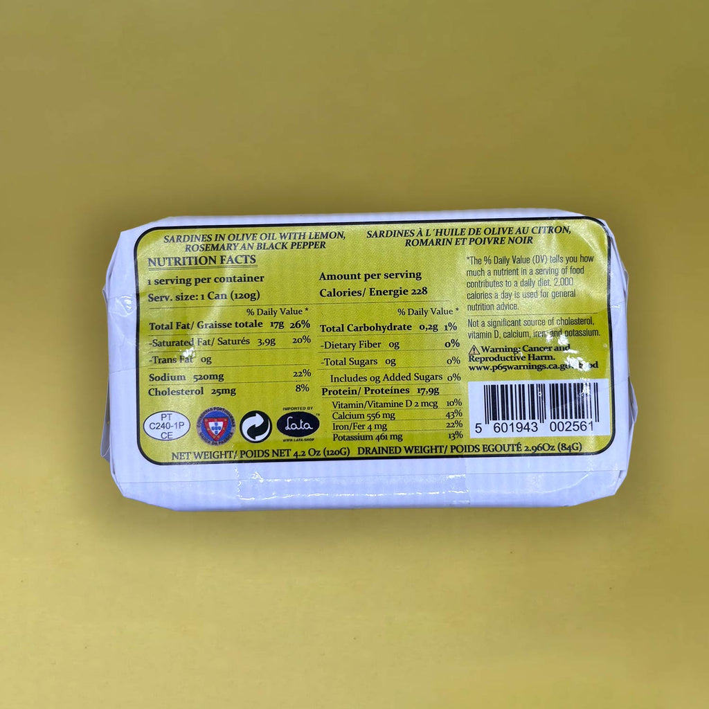 Nutritional Information for Açor Sardines with Lemon, Rosemary and Black Pepper in Olive Oil