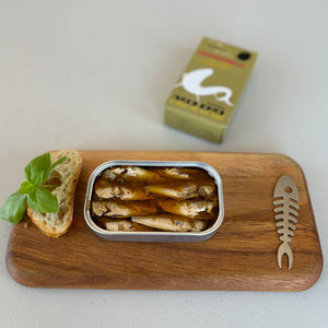 Ati Manel Horse Mackerel in Olive Oil and Basil, served in an opened tin