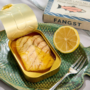 An opened tin of Fangst Faroe Islands Salmon