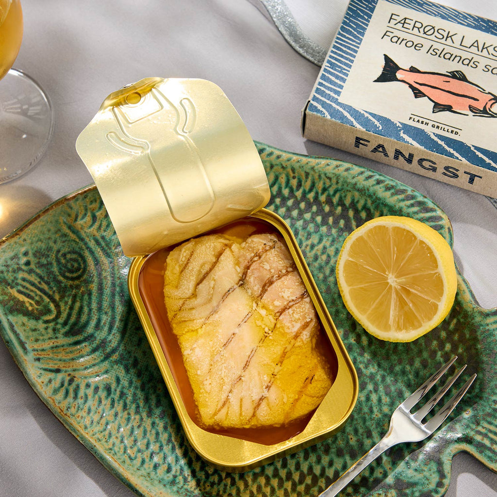 An opened tin of Fangst Faroe Islands Salmon