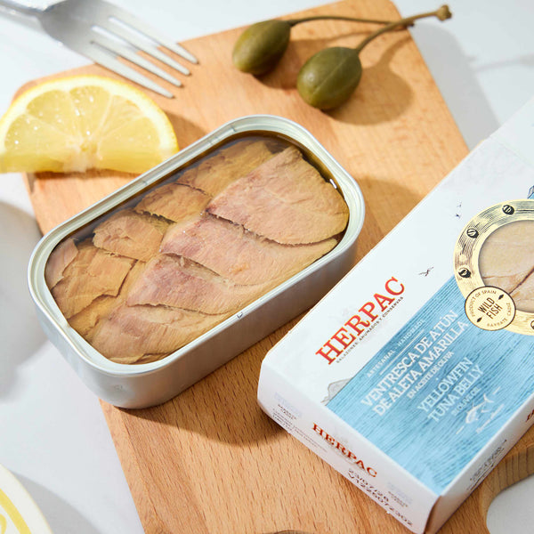 An opened tin of Herpac Yellowfin Tuna Belly in Olive Oil