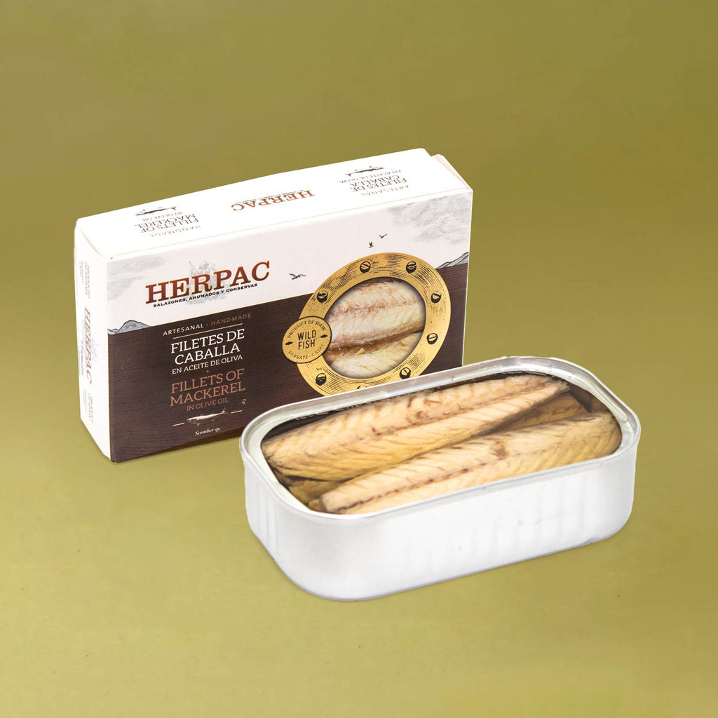 Herpac Mackerel Fillets in Olive Oil - an opened tin