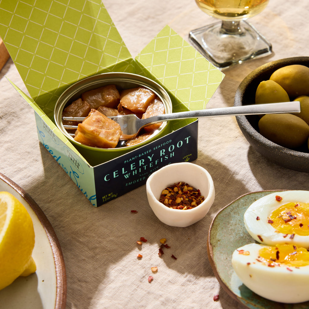 An opened tin of Seed to Surf Celery Root Whitefish