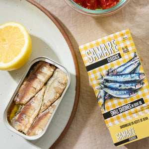 An opened tin of Samare Small Sardines in Olive Oil