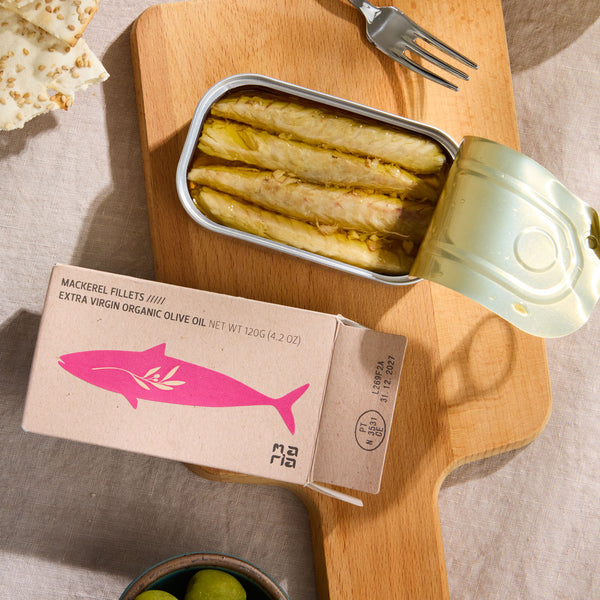 An opened tin of Maria Organic Mackerel Fillets in EVOO