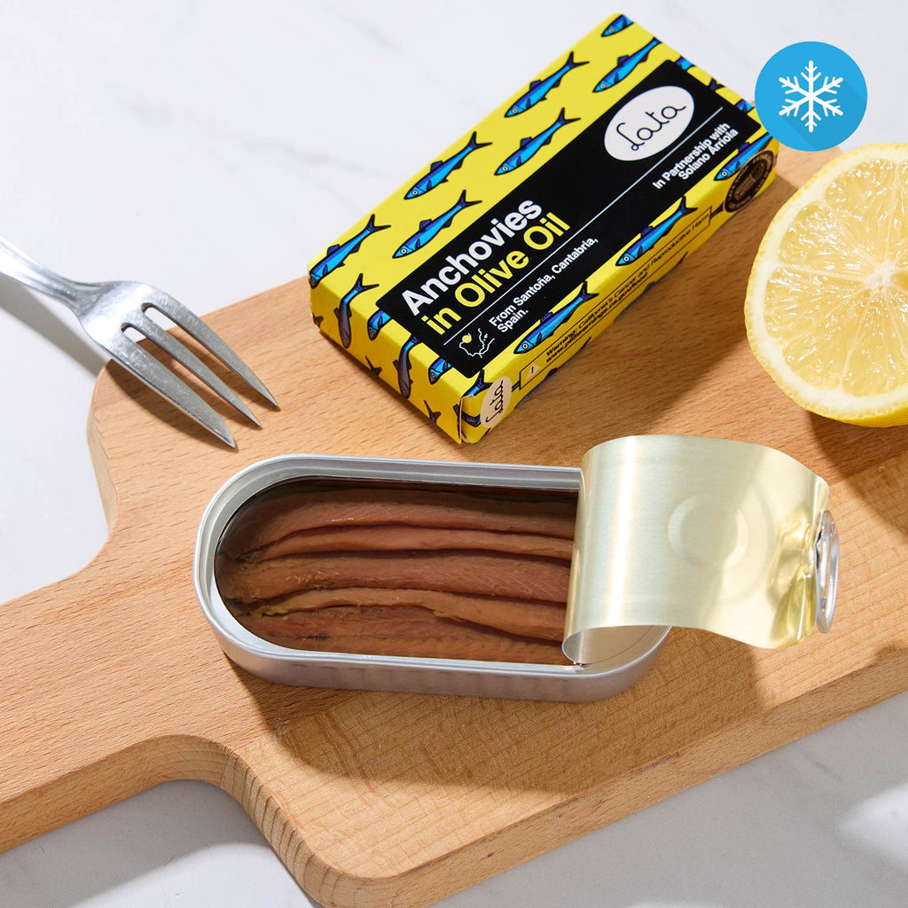 An opened tin of Lata Anchovies in Olive Oil