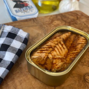 Nazarena Mackerel Fillets in Olive Oil, in an opened tin