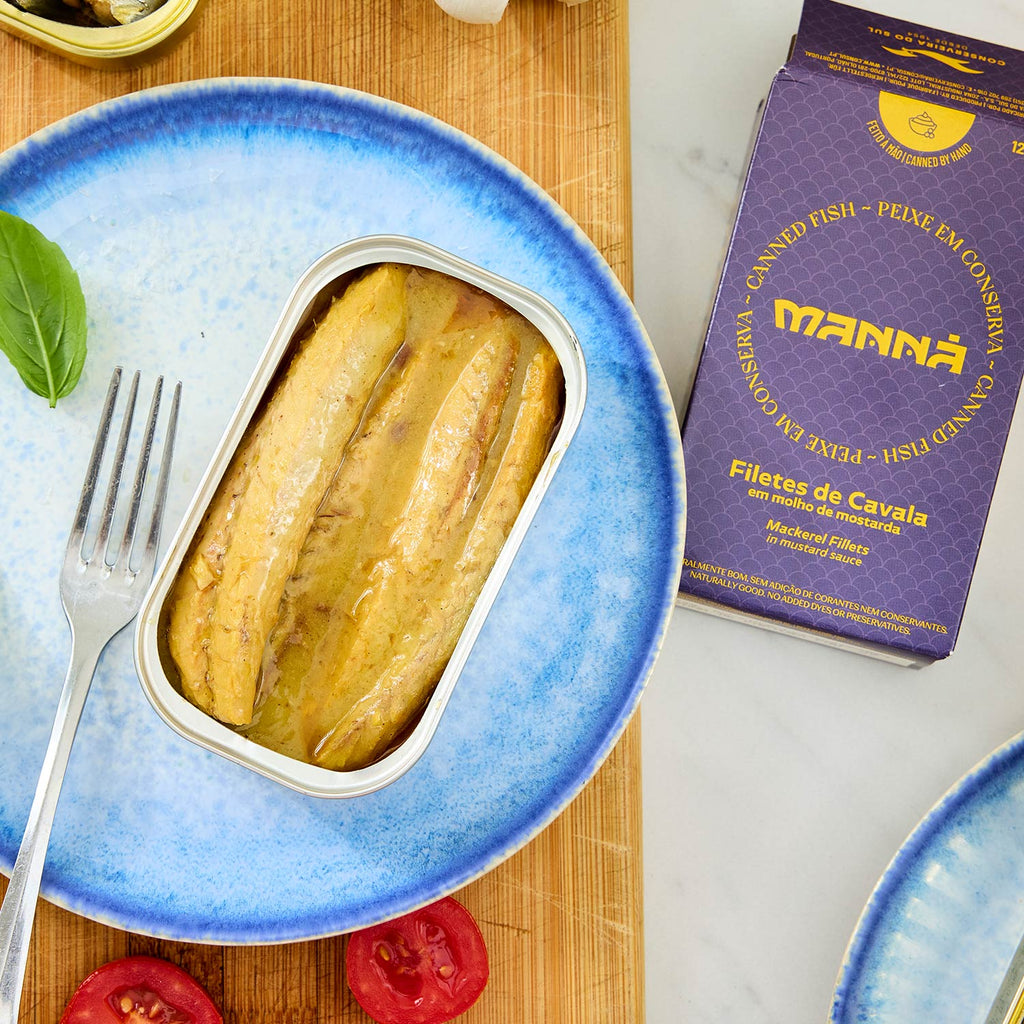 An opened tin of Manná Mackerel Fillets in Mustard Sauce