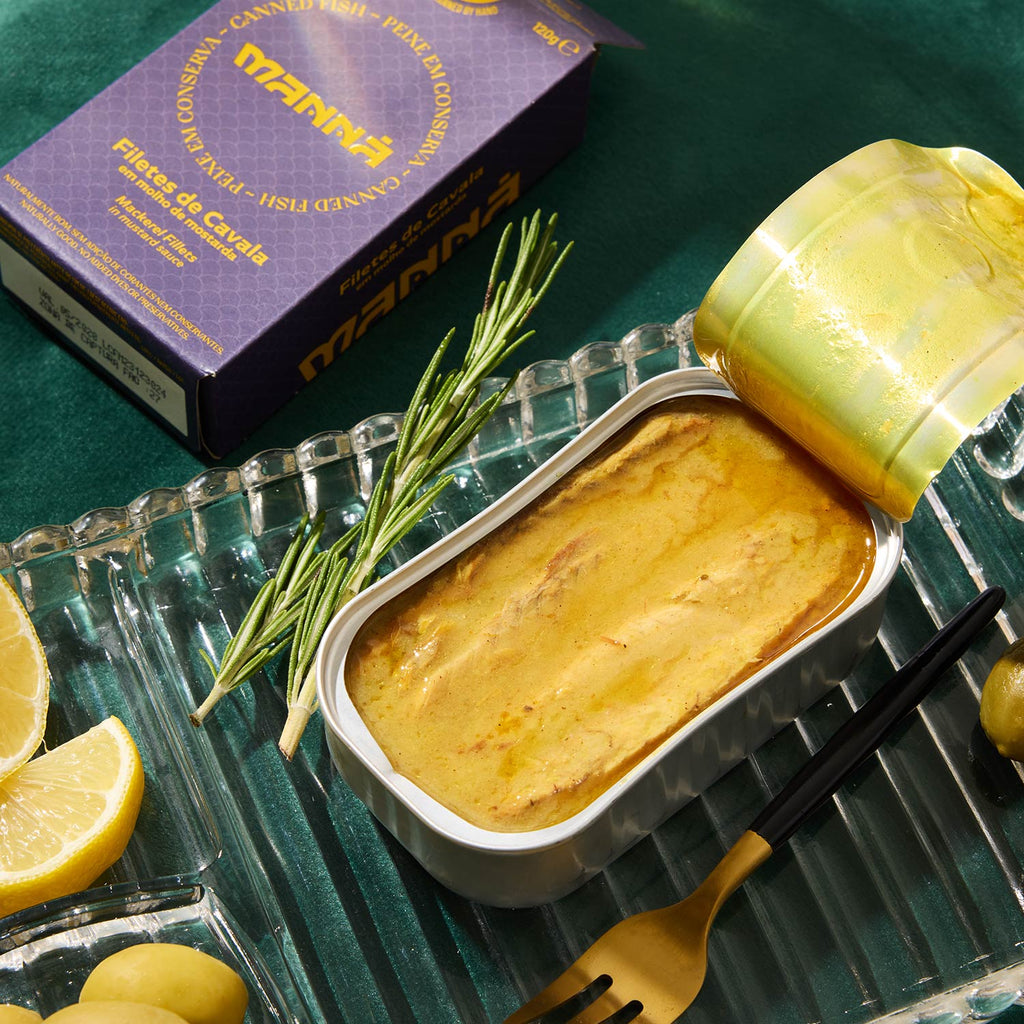 An opened tin of Manná Mackerel Fillets in Mustard Sauce