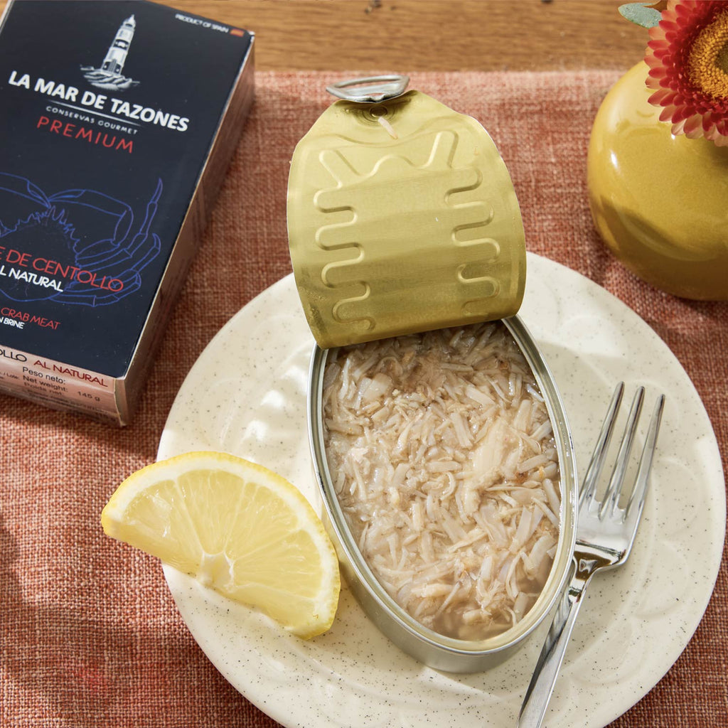 An opened tin of La Mar de Tazones Premium Spider Crab Meat