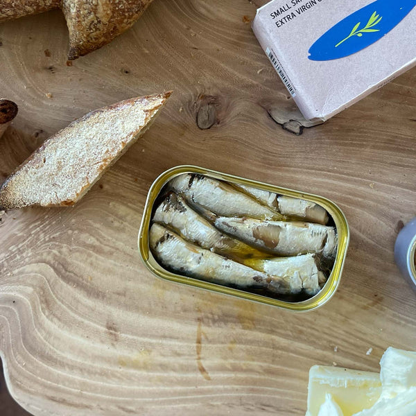 Maria Organic Small Sardines in Extra Virgin Organic Olive Oil - served in an opened tin