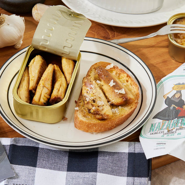 An opened tin of Nazarena Boneless and Skinless Sardines in Olive Oil