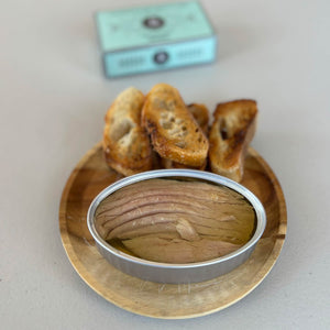 Real Conservera Española Tuna Belly Fillets (Ventresca) in Olive Oil , served in an opened tin