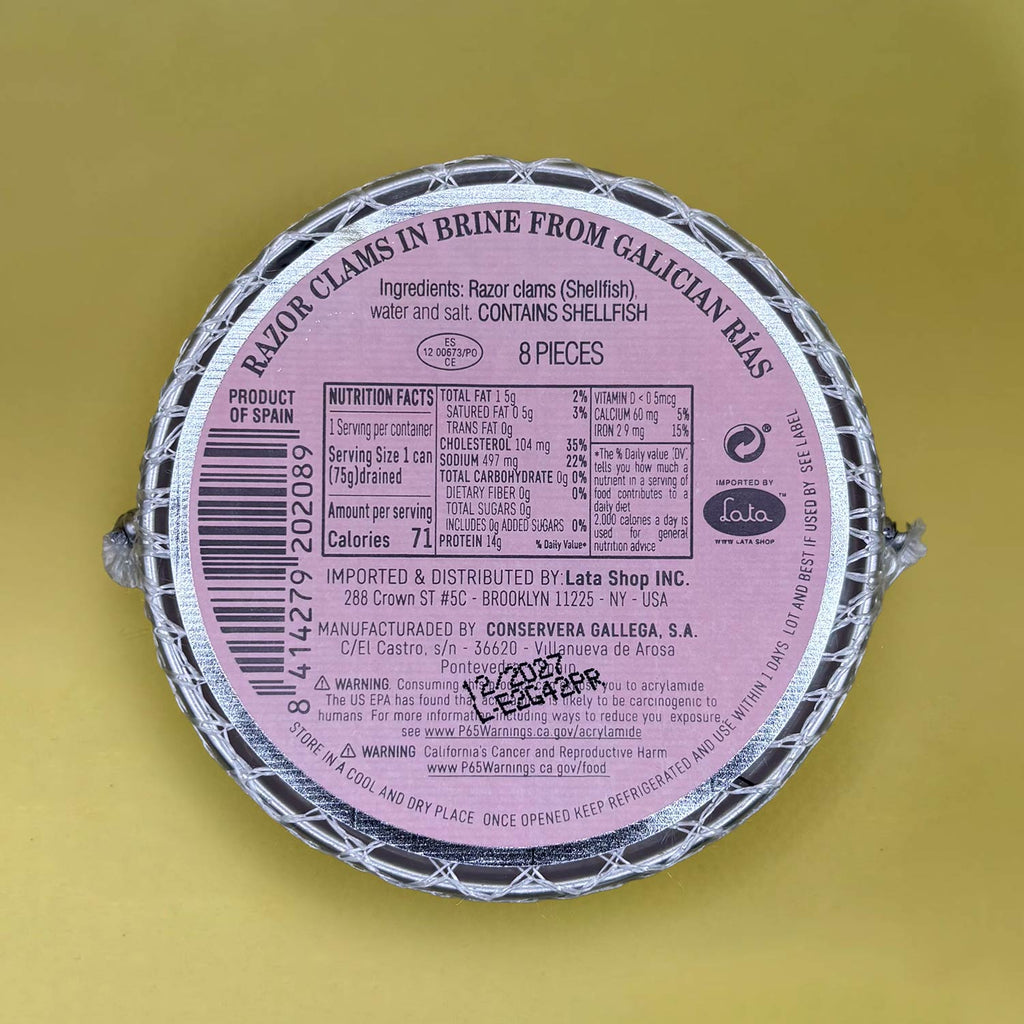 Nutritional Information for Rosa Lafuente Razor Clams in Brine (111gr)
