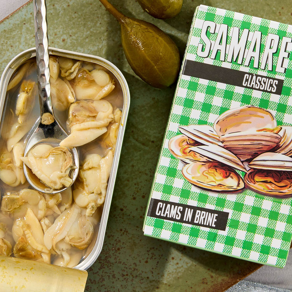 An opened tin of Samare Clams in Brine