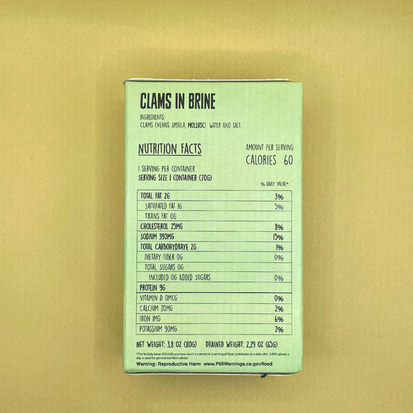 Nutritional information for the Samare White Clams in Brine