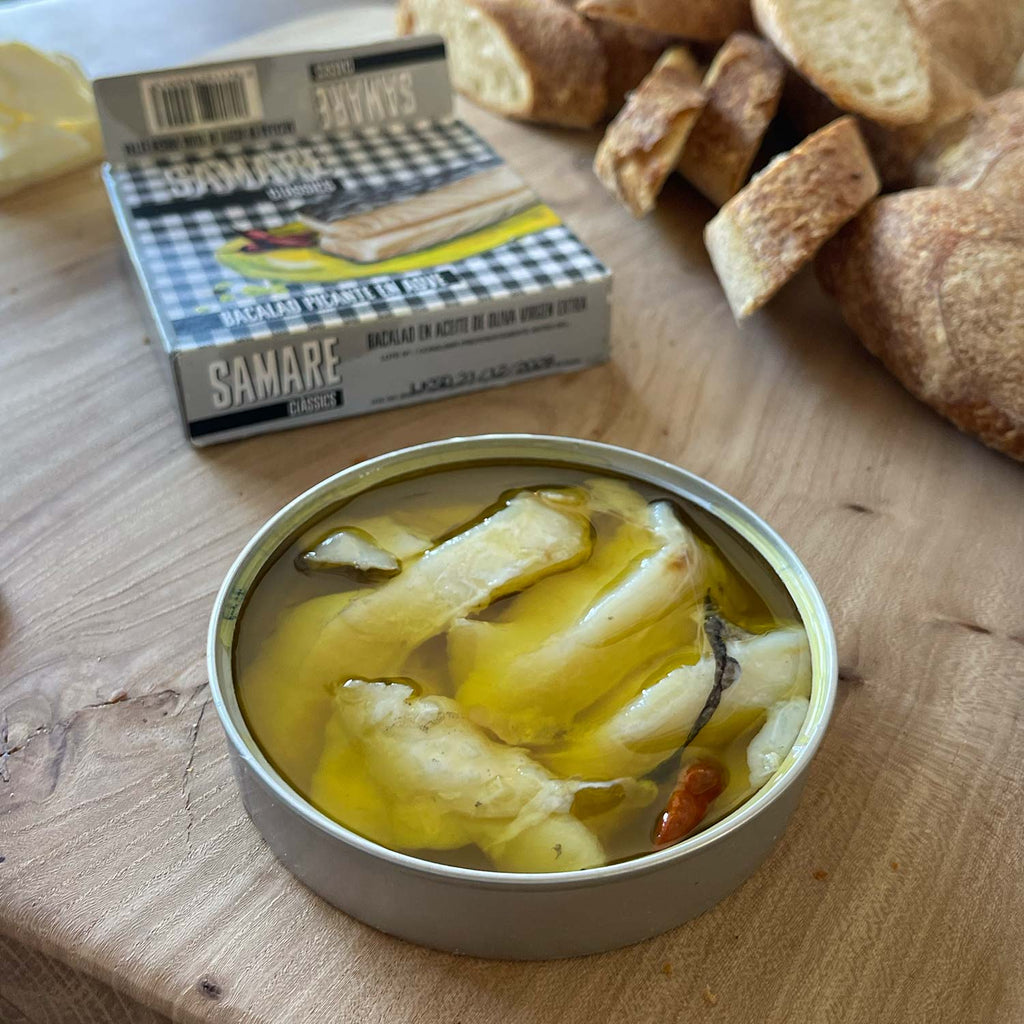 Samare Spiced Codfish in EVOO - served in the opened tin