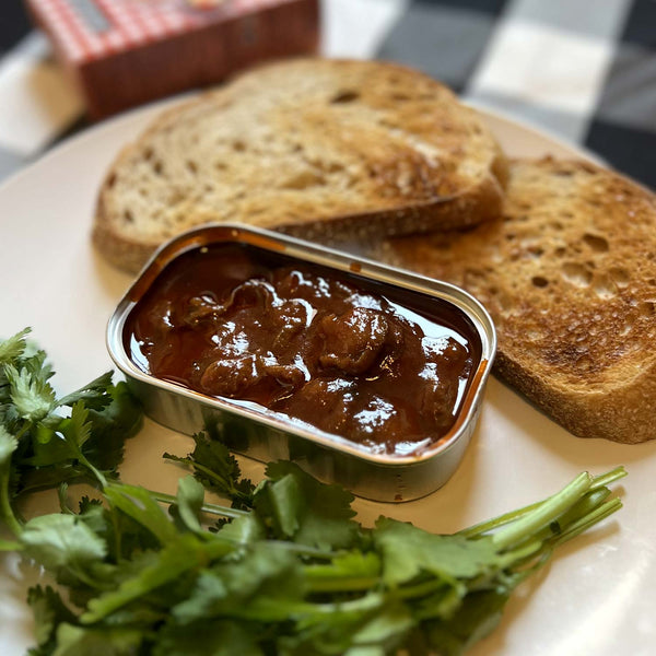 Samare Small Scallops in Galician Sauce served in an open tin with salad and toasted bread