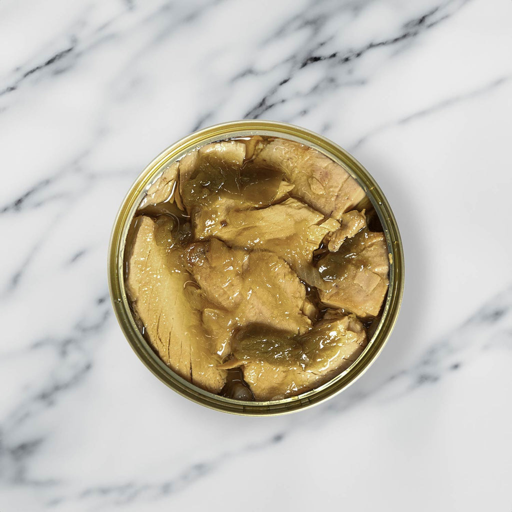 Artesanos Alalunga Bonito with Onion & Green Pepper served in an open tin