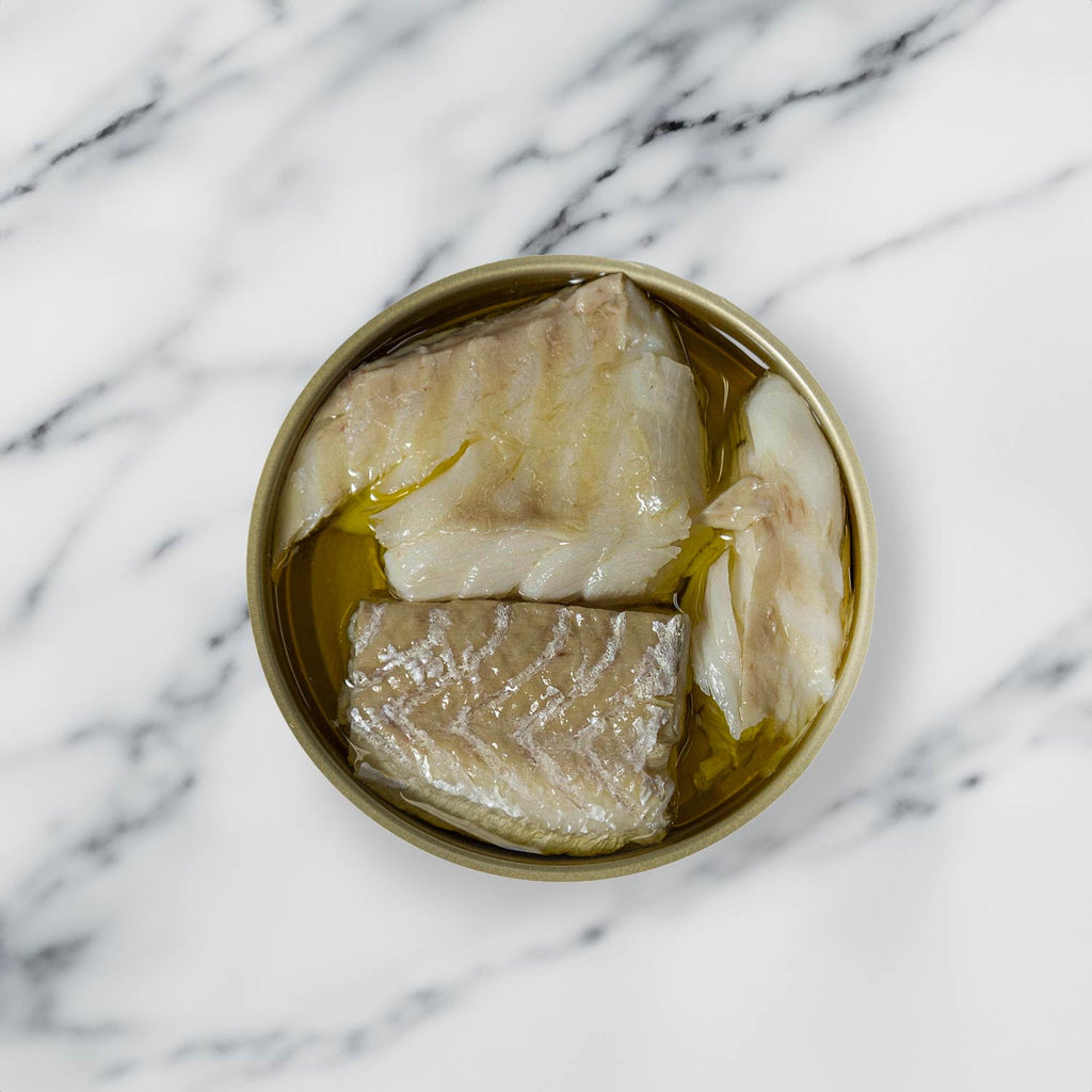 Artesanos Alalunga European Hake Loins with Olive Oil - served in the tin