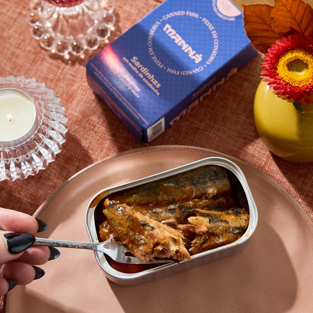 An opened tin of Manná Sardines in Pickling Sauce