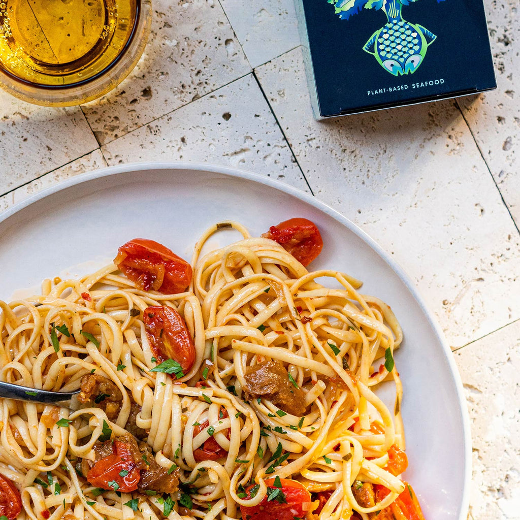 A pasta dish served with Seed to Surf Celery Root Whitefish