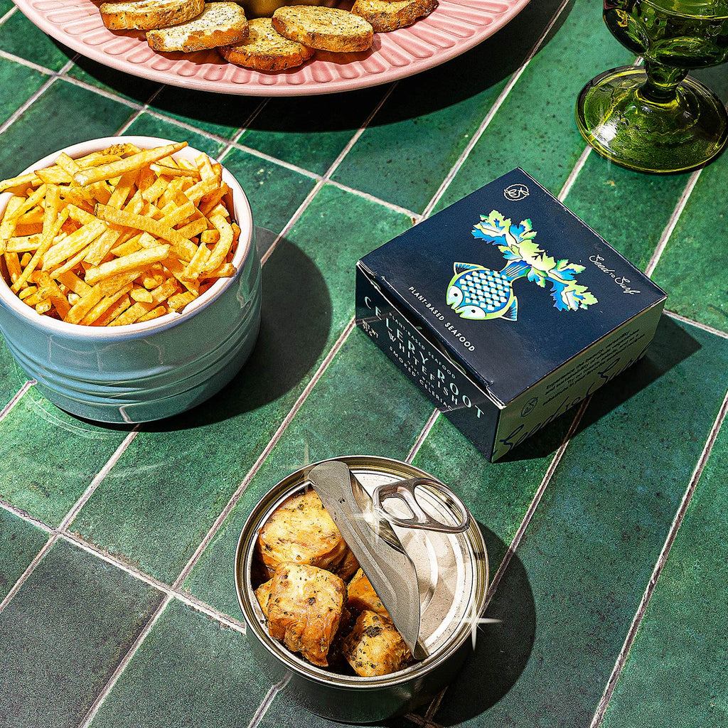 A half-opened tin of Seed to Surg Celery Root Whitefish