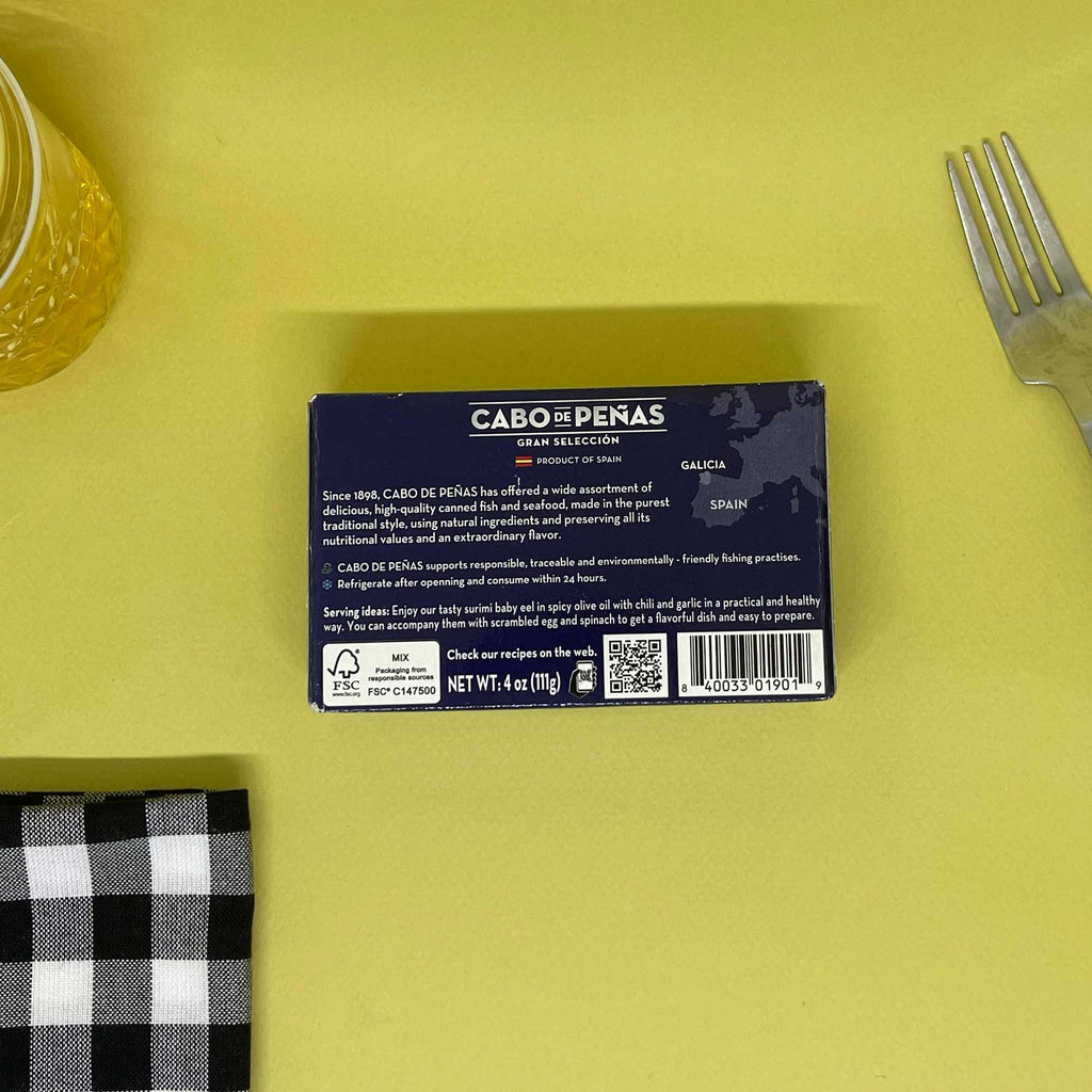 Cabo de Peñas Surimi Baby Eels in Olive Oil - back of pack