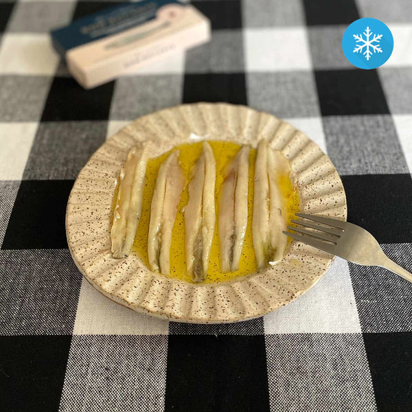 Don Bocarte White Anchovies in Apple Cider Vinegar, served a plate